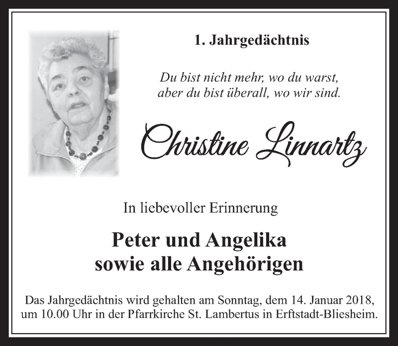  Traueranzeige für Christine Linnartz vom 03.01.2018 aus  Werbepost 