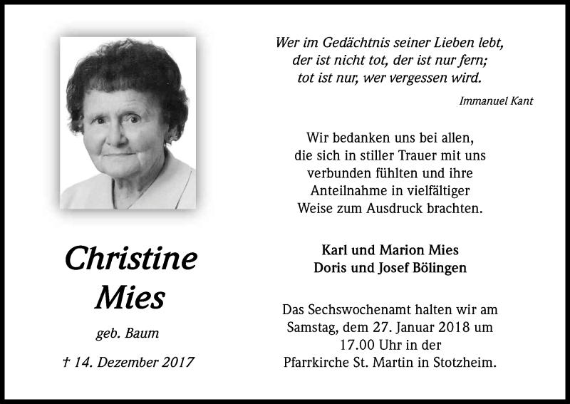  Traueranzeige für Christine Mies vom 17.01.2018 aus Kölner Stadt-Anzeiger / Kölnische Rundschau / Express
