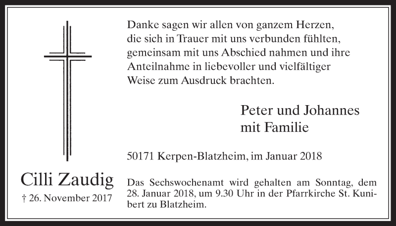  Traueranzeige für Cilli Zaudig vom 24.01.2018 aus  Werbepost 