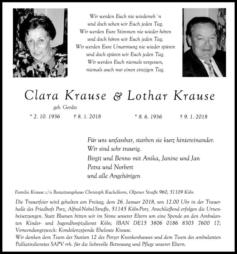  Traueranzeige für Clara Krause vom 17.01.2018 aus  Kölner Wochenspiegel 