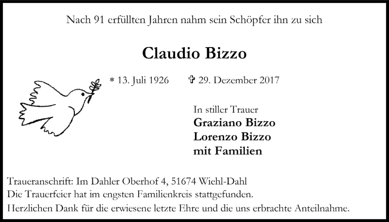  Traueranzeige für Claudio Bizzo vom 10.01.2018 aus  Anzeigen Echo 