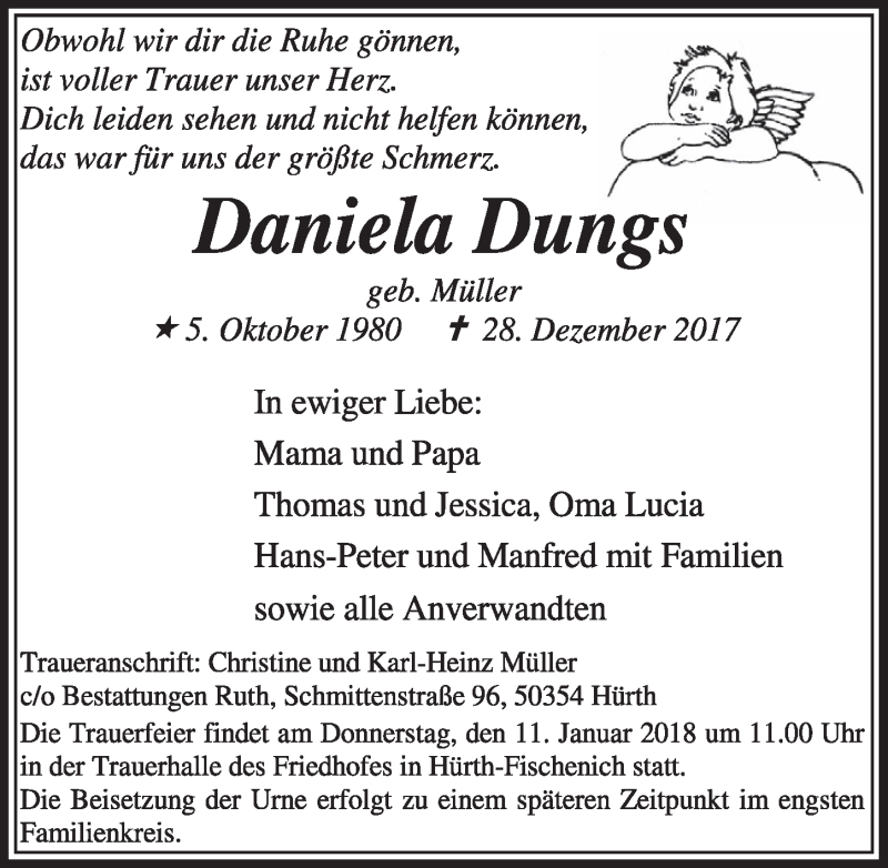  Traueranzeige für Daniela Dungs vom 03.01.2018 aus  Wochenende 
