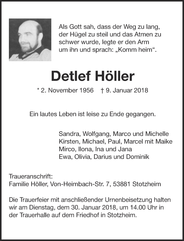  Traueranzeige für Detlef Höller vom 20.01.2018 aus  Blickpunkt Euskirchen 