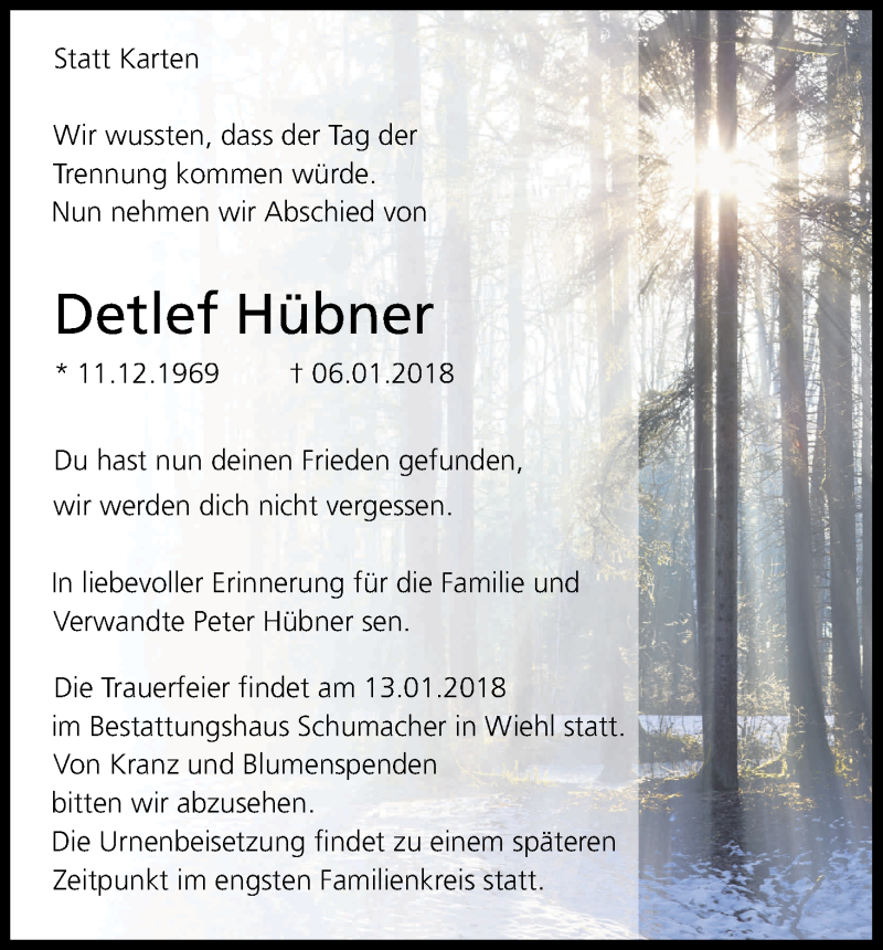  Traueranzeige für Detlef Hübner vom 12.01.2018 aus Kölner Stadt-Anzeiger / Kölnische Rundschau / Express