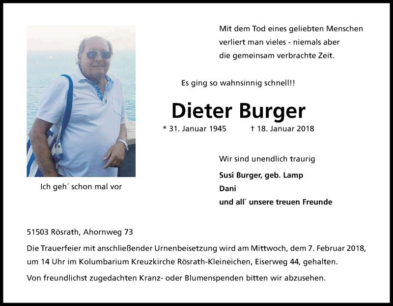  Traueranzeige für Dieter Burger vom 27.01.2018 aus Kölner Stadt-Anzeiger / Kölnische Rundschau / Express