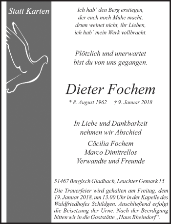 Anzeige von Dieter Fochem von  Bergisches Sonntagsblatt 