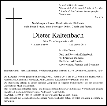 Anzeige von Dieter Kaltenbach von Kölner Stadt-Anzeiger / Kölnische Rundschau / Express