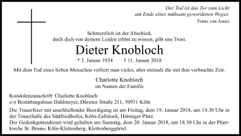 Anzeige von Dieter Knobloch von Kölner Stadt-Anzeiger / Kölnische Rundschau / Express
