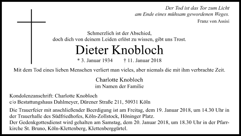  Traueranzeige für Dieter Knobloch vom 17.01.2018 aus Kölner Stadt-Anzeiger / Kölnische Rundschau / Express