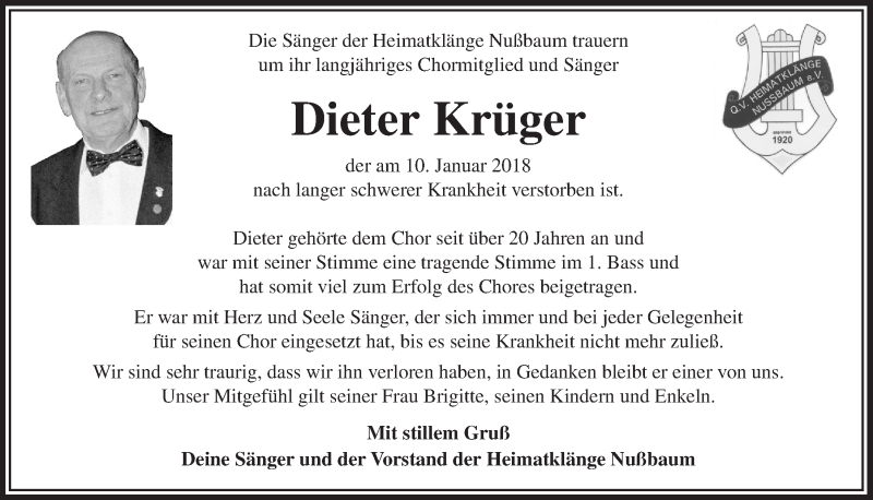  Traueranzeige für Dieter Krüger vom 20.01.2018 aus  Bergisches Sonntagsblatt 