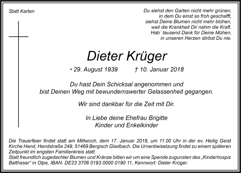  Traueranzeige für Dieter Krüger vom 13.01.2018 aus  Bergisches Sonntagsblatt 