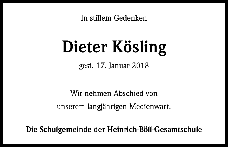  Traueranzeige für Dieter Kösling vom 27.01.2018 aus Kölner Stadt-Anzeiger / Kölnische Rundschau / Express