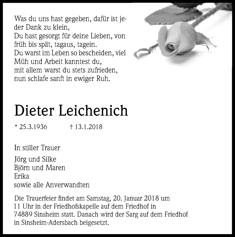  Traueranzeige für Dieter Leichenich vom 18.01.2018 aus Kölner Stadt-Anzeiger / Kölnische Rundschau / Express