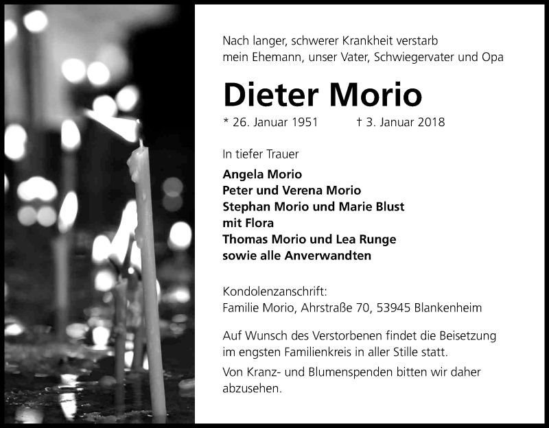  Traueranzeige für Dieter Morio vom 06.01.2018 aus Kölner Stadt-Anzeiger / Kölnische Rundschau / Express
