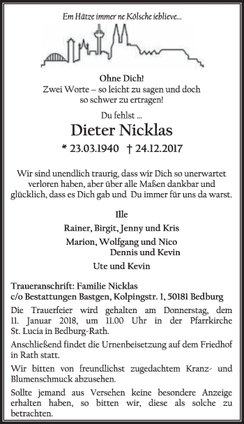 Anzeige von Dieter Nicklas von  Sonntags-Post 