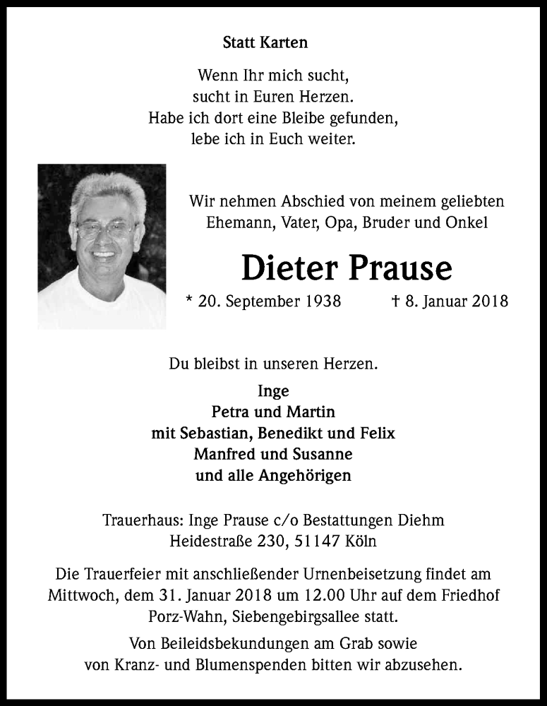  Traueranzeige für Dieter Prause vom 27.01.2018 aus Kölner Stadt-Anzeiger / Kölnische Rundschau / Express