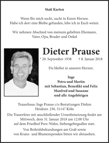 Anzeige von Dieter Prause von  Kölner Wochenspiegel 