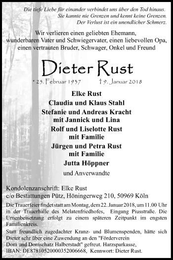 Anzeige von Dieter Rust von Kölner Stadt-Anzeiger / Kölnische Rundschau / Express