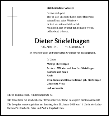 Anzeige von Dieter Stiefelhagen von Kölner Stadt-Anzeiger / Kölnische Rundschau / Express