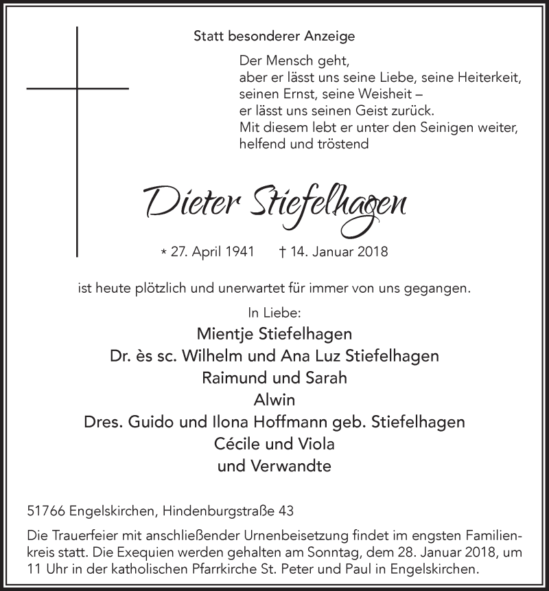  Traueranzeige für Dieter Stiefelhagen vom 24.01.2018 aus  Anzeigen Echo 