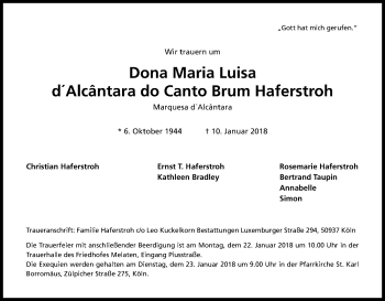 Anzeige von Dona Maria Luisa d'Alcantara do Canto Brum Haferstroh von Kölner Stadt-Anzeiger / Kölnische Rundschau / Express