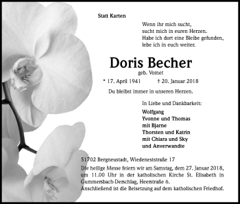 Anzeige von Doris Becher von Kölner Stadt-Anzeiger / Kölnische Rundschau / Express