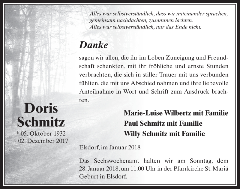  Traueranzeige für Doris Schmitz vom 24.01.2018 aus  Werbepost 