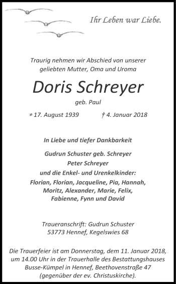 Anzeige von Doris Schreyer von Kölner Stadt-Anzeiger / Kölnische Rundschau / Express