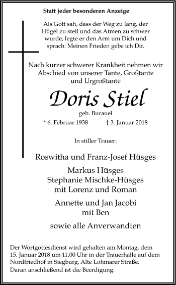 Anzeige von Doris Stiel von Kölner Stadt-Anzeiger / Kölnische Rundschau / Express