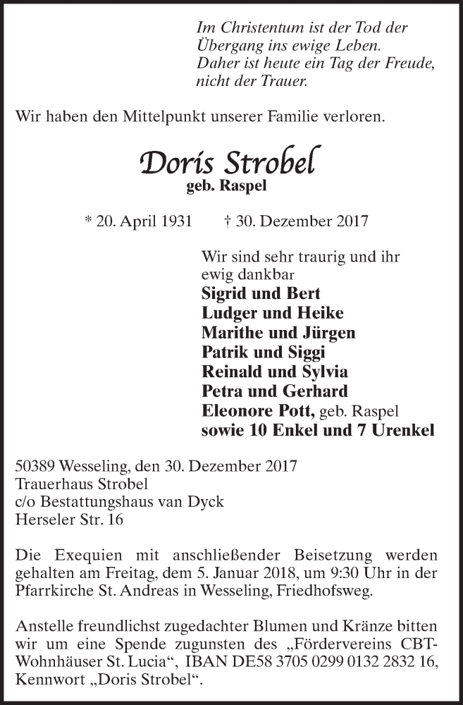  Traueranzeige für Doris Strobel vom 03.01.2018 aus  Schlossbote/Werbekurier 
