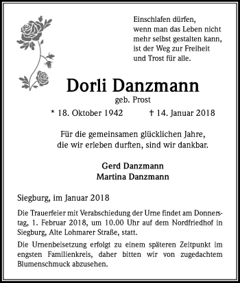 Anzeige von Dorli Danzmann von Kölner Stadt-Anzeiger / Kölnische Rundschau / Express