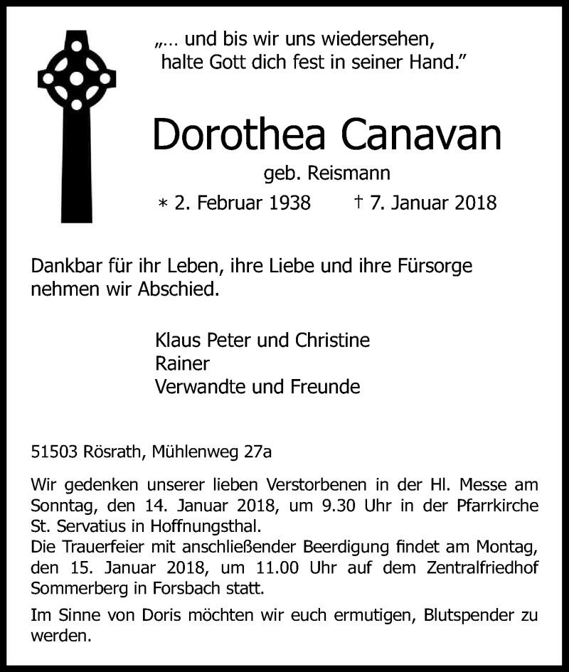  Traueranzeige für Dorothea Canavan vom 10.01.2018 aus Kölner Stadt-Anzeiger / Kölnische Rundschau / Express