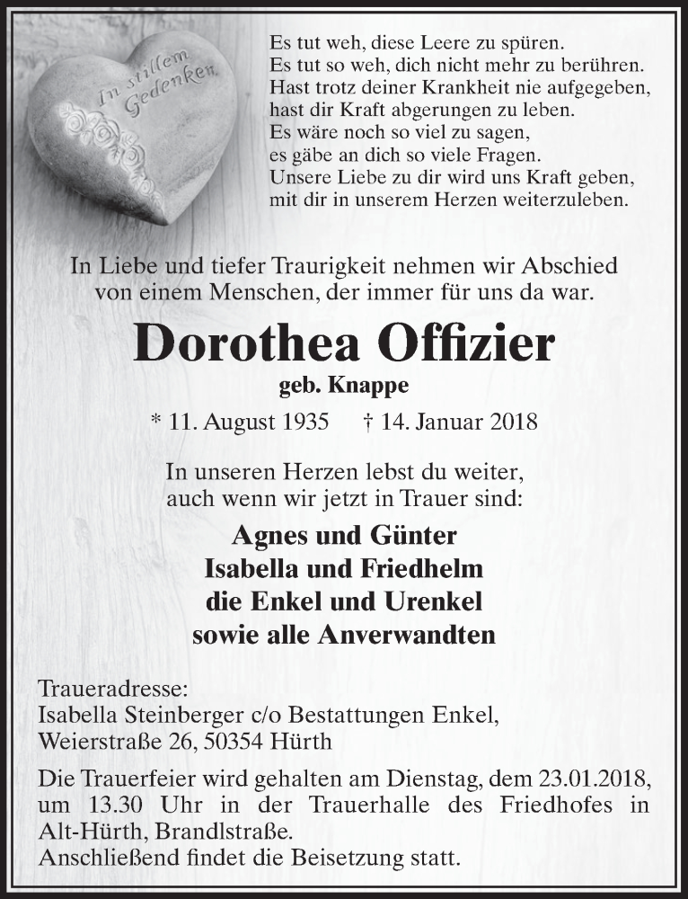  Traueranzeige für Dorothea Offizier vom 20.01.2018 aus  Sonntags-Post 