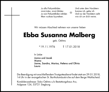 Anzeige von Ebba Susanna Malberg von Kölner Stadt-Anzeiger / Kölnische Rundschau / Express