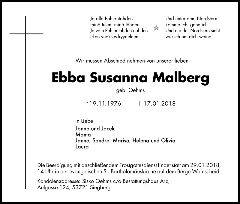  Traueranzeige für Ebba Susanna Malberg vom 25.01.2018 aus Kölner Stadt-Anzeiger / Kölnische Rundschau / Express