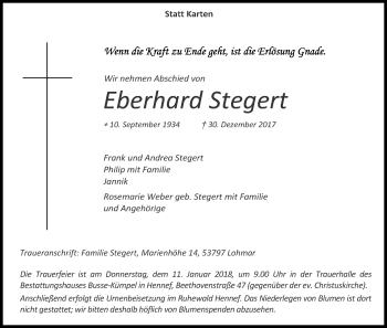 Anzeige von Eberhard Stegert von Kölner Stadt-Anzeiger / Kölnische Rundschau / Express