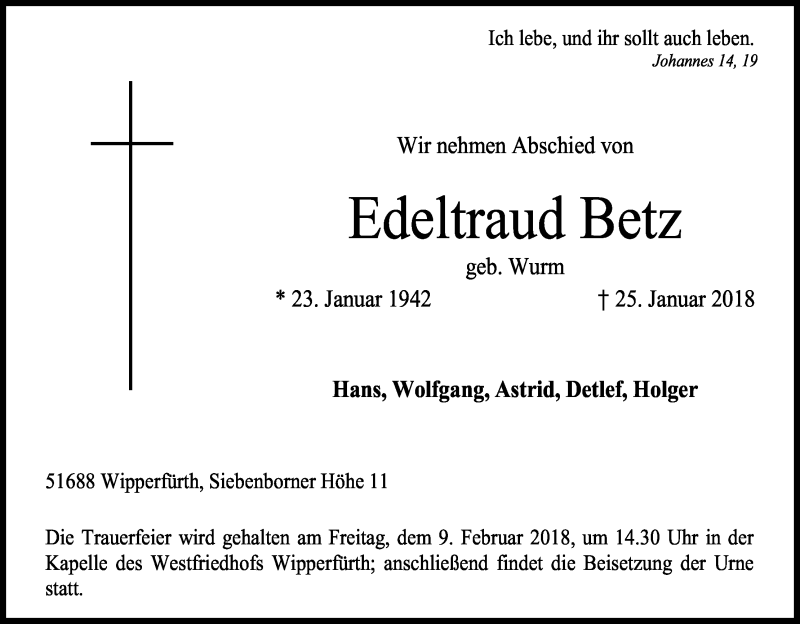  Traueranzeige für Edeltraud Betz vom 30.01.2018 aus Kölner Stadt-Anzeiger / Kölnische Rundschau / Express
