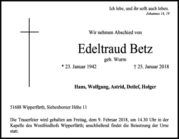 Anzeige von Edeltraud Betz von Kölner Stadt-Anzeiger / Kölnische Rundschau / Express