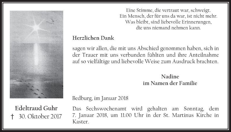  Traueranzeige für Edeltraud Guhr vom 03.01.2018 aus  Werbepost 
