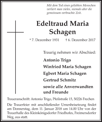 Anzeige von Edeltraud Maria Schagen von  Wochenende 