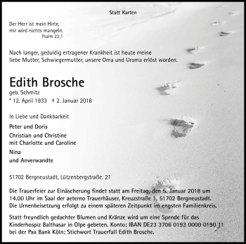 Anzeige von Edith Brosche von Kölner Stadt-Anzeiger / Kölnische Rundschau / Express