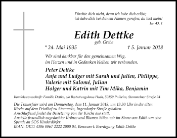 Anzeige von Edith Dettke von Kölner Stadt-Anzeiger / Kölnische Rundschau / Express