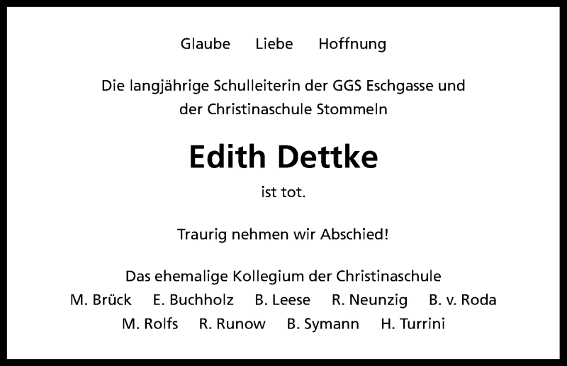  Traueranzeige für Edith Dettke vom 11.01.2018 aus Kölner Stadt-Anzeiger / Kölnische Rundschau / Express