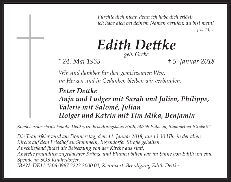  Traueranzeige für Edith Dettke vom 10.01.2018 aus  Wochenende 