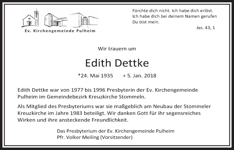  Traueranzeige für Edith Dettke vom 17.01.2018 aus  Wochenende 