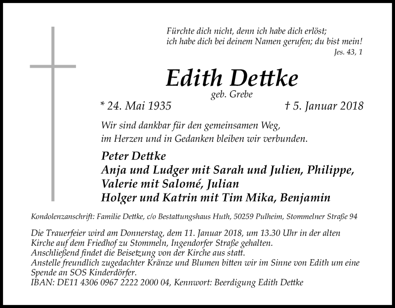  Traueranzeige für Edith Dettke vom 09.01.2018 aus Kölner Stadt-Anzeiger / Kölnische Rundschau / Express