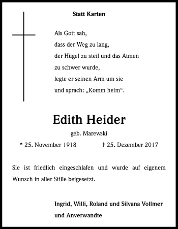 Anzeige von Edith Heider von Kölner Stadt-Anzeiger / Kölnische Rundschau / Express