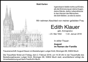 Anzeige von Edith Klauer von Kölner Stadt-Anzeiger / Kölnische Rundschau / Express