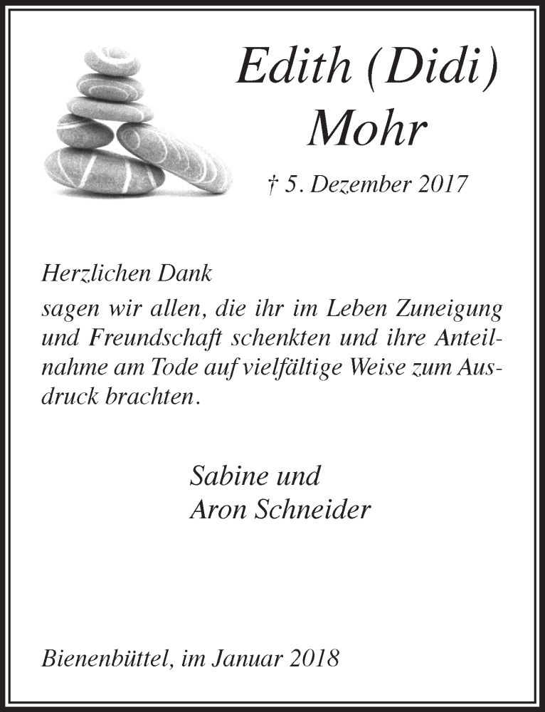  Traueranzeige für Edith Mohr vom 17.01.2018 aus  Lokale Informationen 