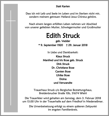 Anzeige von Edith Struck von Kölner Stadt-Anzeiger / Kölnische Rundschau / Express